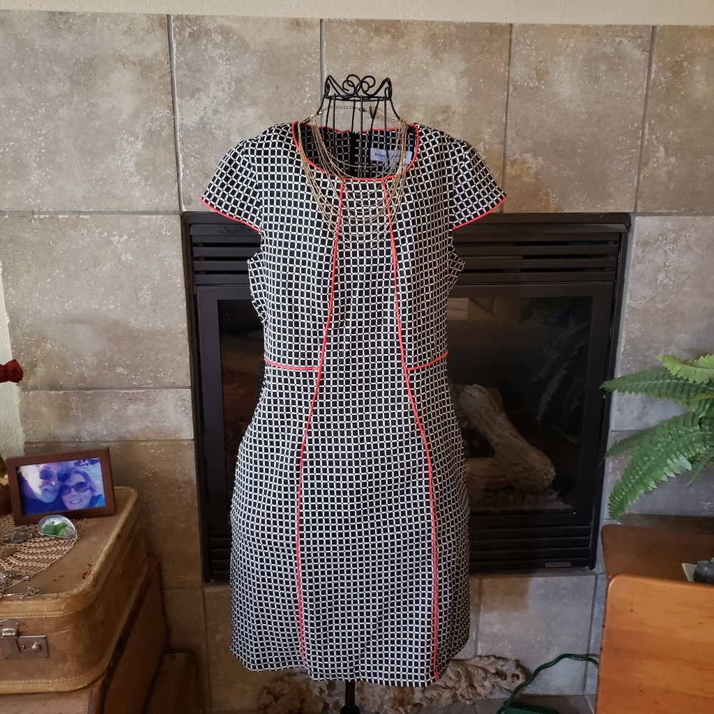 Black/white checkered dress with coral trim